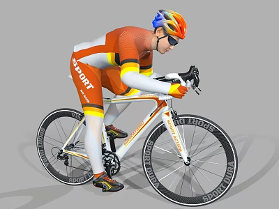 Man Riding Road Bicycle In Orange And Yellow Sportswear With Helmet And Sunglasses 3d model