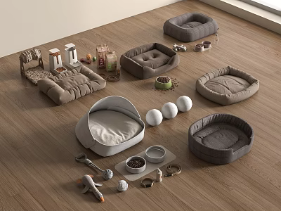 Stylish Pet Furniture With Multiple Soft Pet Beds In Neutral Tones And Accessories 3d model