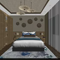 Hotel Room Interior With Circular Wall Decorations Wooden Lattice Cabinets Pendant Lights And Patterned Rug