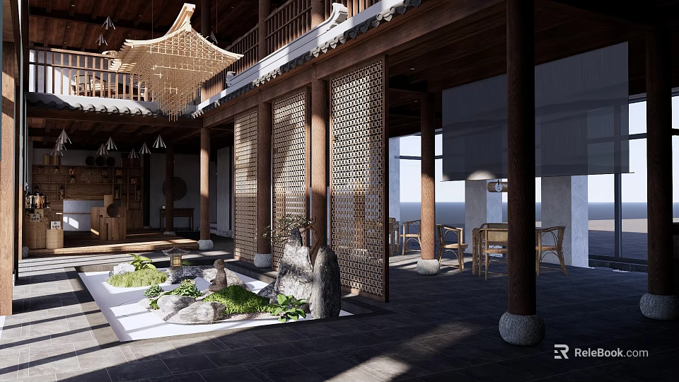 Traditional Chinese Courtyard Garden With Wooden Structure Lattice Screens Stone Features And Green Plants 3d model 