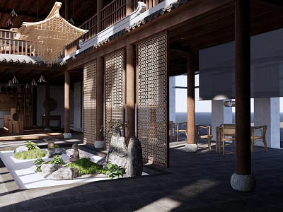 Traditional Chinese Courtyard Garden With Wooden Structure Lattice Screens Stone Features And Green Plants 3d model