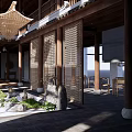 Traditional Chinese Courtyard Garden With Wooden Structure Lattice Screens Stone Features And Green Plants