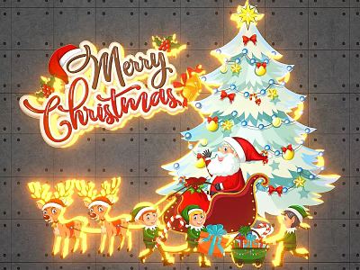Merry Christmas Festive Scene With Decorated Tree Santa Sleigh Reindeer And Elves 3d model