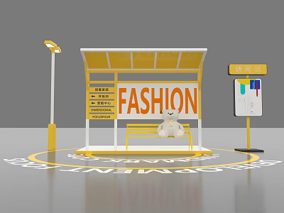 Fashion Themed Bus Stop With Yellow Roof Street Lamp And Information Board 3d model