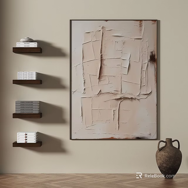 Textured Abstract Painting With Layered Beige Texture Wooden Shelves And Clay Vase 3d model 