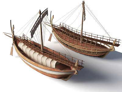 Two Wooden Sailboats With Masts Sails And Cargo Rolls On White Background 3d model
