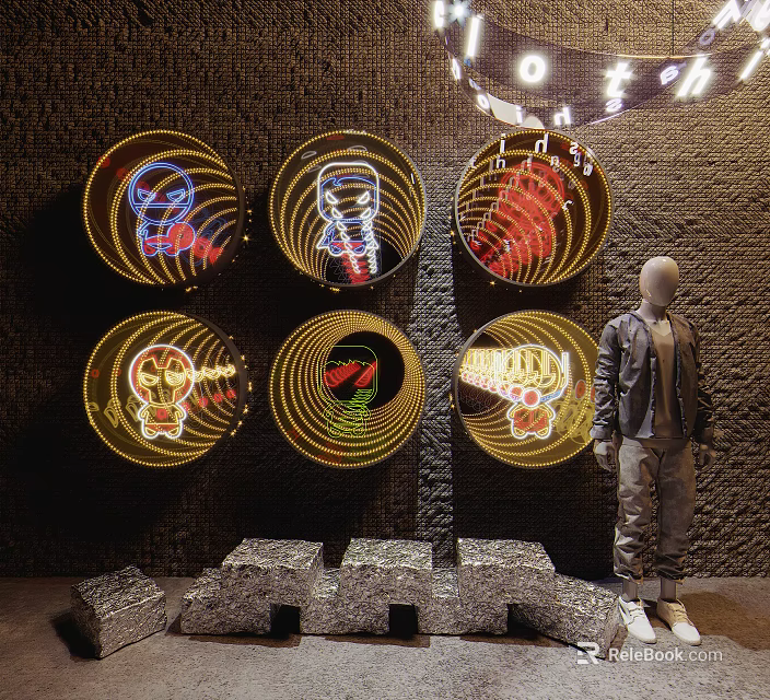 Six Circular Decorative Lights With Unique Patterns On Dark Wall And Mannequin 3d model 