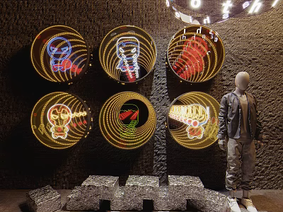 Six Circular Decorative Lights With Unique Patterns On Dark Wall And Mannequin 3d model