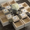 Elegant Dining Table Set with Beige Upholstered Chairs White Flower Vase and Wine Glasses
