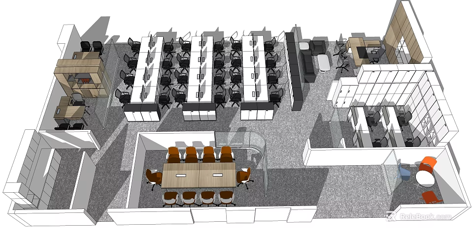 Modern Public Office Space Layout With Workstations Office Chairs And Meeting Table 3d model 