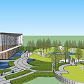 Modern Landscape Design With Circular Plaza Water Pond Pathways Trees And Lawn Areas