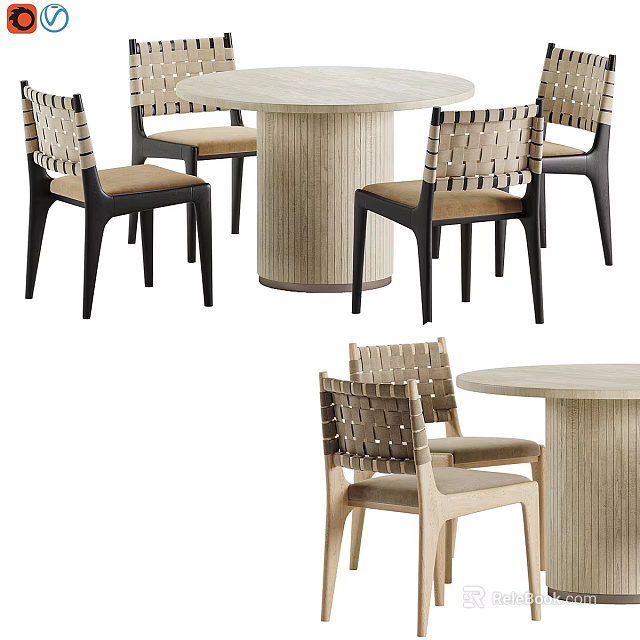 Modern Round Dining Table With Woven Back Chairs And Wooden Structure 3d model