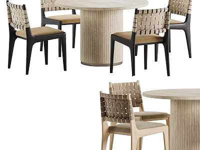 Modern Round Dining Table With Woven Back Chairs And Wooden Structure 3d model
