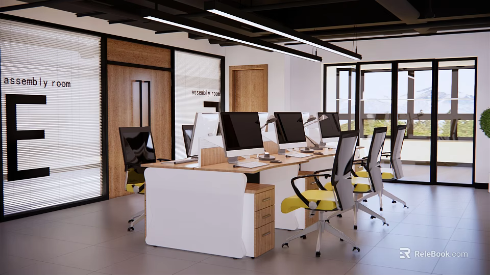 Modern Public Office Space With Open Layout Desks Computers And Yellow Chairs 3d model