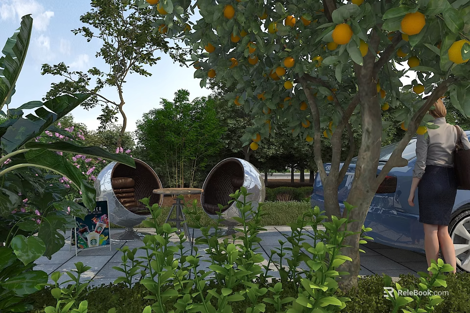 Garden Decor Elements With Oval Shaped Chairs Orange Trees And Lush Green Plants 3d model 