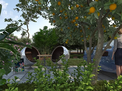 Garden Decor Elements With Oval Shaped Chairs Orange Trees And Lush Green Plants 3d model