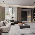 Modern Living and Dining Area Interior with Sofa Coffee Table Dining Set and Large Windows 3d model