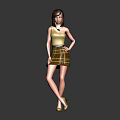 Stylish Female Character in Yellow Top and Plaid Skirt with Short Hair and High Heels