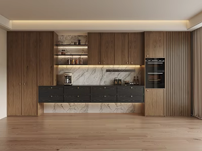 Modern Wooden Sideboard with Marble Countertop Black Drawers and Coffee Machine in Kitchen 3d model