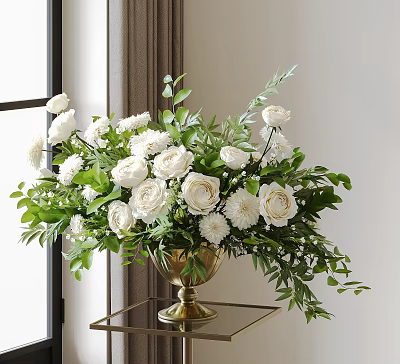 Stunning Floral Display in Decorative Gold Vase with White Roses and Fresh Green Leaves 3d model