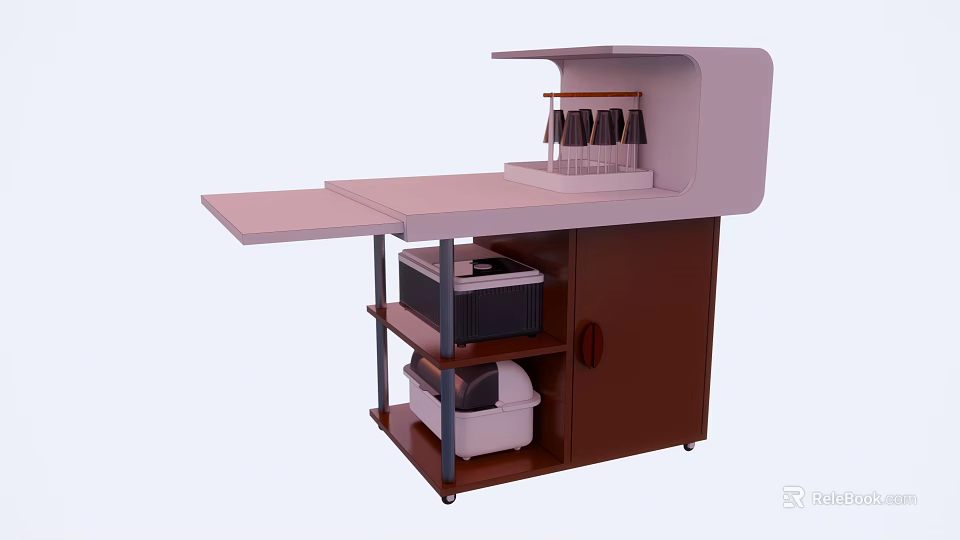 Practical Brown Tea Cabinet With Foldable Tabletop Storage Shelves And Wheels 3d model