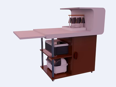 Practical Brown Tea Cabinet With Foldable Tabletop Storage Shelves And Wheels 3d model