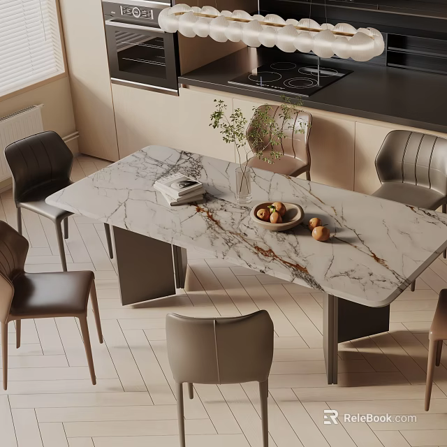 Modern Dining Table Set With Marble Top Leather Chairs And Fruit Bowl Plant In Kitchen 3d model 