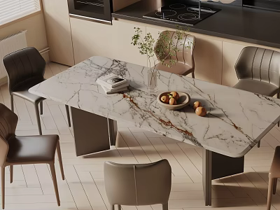 Modern Dining Table Set With Marble Top Leather Chairs And Fruit Bowl Plant In Kitchen 3d model