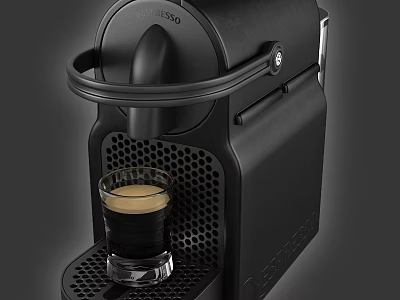 Black NESPRESSO Coffee Machine Making Coffee into Glass Cup Kitchen Appliance 3d model