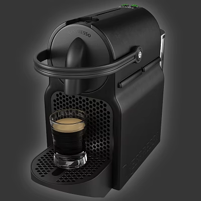 Black NESPRESSO Coffee Machine Making Coffee into Glass Cup Kitchen Appliance 3d model