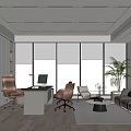 Modern Office Interior With Large Windows City View Desk Computer Sofa And Plant 3d model
