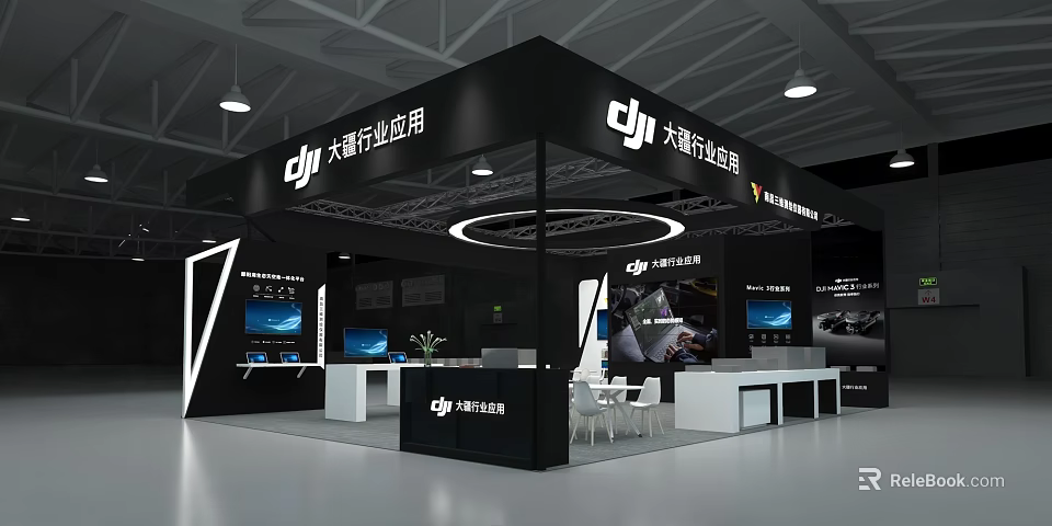 DJI Industry Applications Exhibition Booth Modern Black And White Design With Digital Screens Tables And Chairs 3d model 