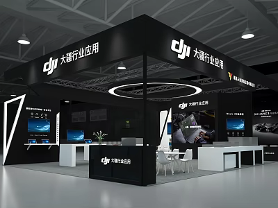 DJI Industry Applications Exhibition Booth Modern Black And White Design With Digital Screens Tables And Chairs 3d model