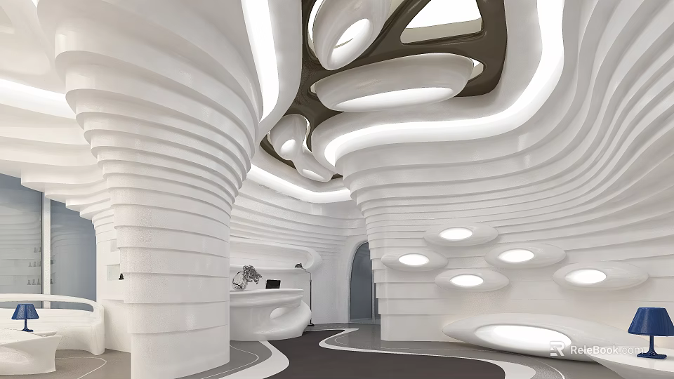 Modern Streamlined Exhibition Hall Interior With White Curved Walls Circular Ceiling Lights And Reception Area 3d model 