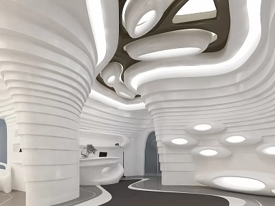 Modern Streamlined Exhibition Hall Interior With White Curved Walls Circular Ceiling Lights And Reception Area 3d model