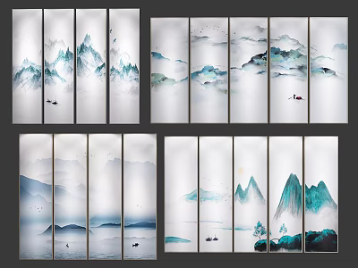 Traditional Chinese Landscape Paintings With Multiple Panels Ink Wash Mountains Water And Boats 3d model