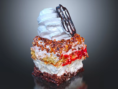 Layered Dessert With Whipped Cream Chocolate Decoration Crushed Nuts Fruit Filling And Cake Base 3d model