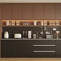 Modern Dark Brown Sideboard With Wall Cabinets Open Shelves Coffee Maker Toaster and Utensils