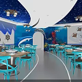 Marine Themed Restaurant Interior With Blue Walls Starry Ceiling Marine Elements And Blue Tables Chairs