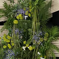 Photo Check In Spot Featuring Wooden Striped Structure Lush Green Plants And Colorful Flowers
