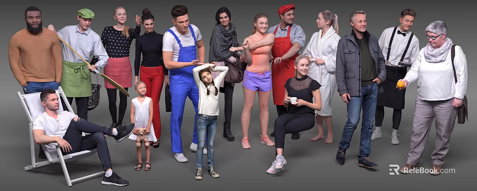 Diverse Group of People of Various Ages Posing Together in Casual Outfits 3d model 