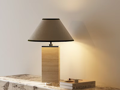 Table Lamp With Wooden Base Light Gray Lampshade On Patterned Surface With Books 3d model
