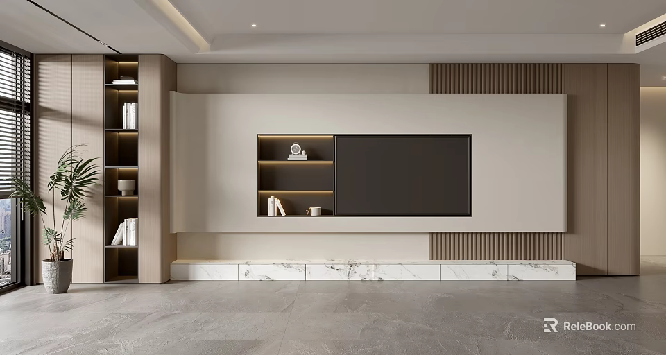Modern TV Background Wall With Built in Shelves Marble Accent And Wooden Slats 3d model 