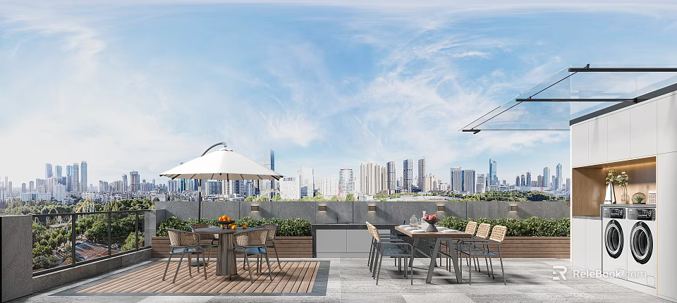 Villa Balcony Outdoor Dining Area With Table Chairs Umbrella And City Skyline View 3d model 