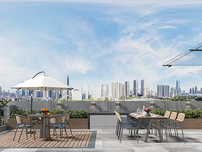 Villa Balcony Outdoor Dining Area With Table Chairs Umbrella And City Skyline View 3d model