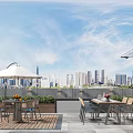 Villa Balcony Outdoor Dining Area With Table Chairs Umbrella And City Skyline View