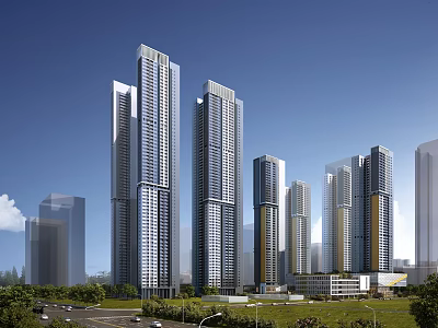 Modern High Rise City Buildings With Green Landscape And Clear Blue Sky 3d model