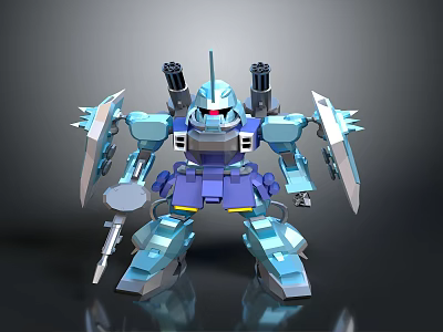 Blue And Purple Robot Character With Armor Shields Cannons And Weapons Design 3d model