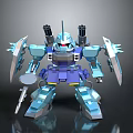 Blue And Purple Robot Character With Armor Shields Cannons And Weapons Design