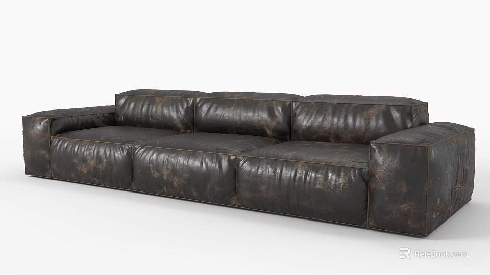 Vintage Dark Brown Leather Three Seater Sofa With Wrinkled Texture Design 3d model